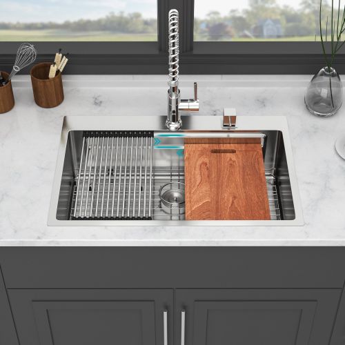 33" Drop in Kitchen Sink - 33*22 inch Kitchen Sink Drop-in Topmount Single Bowl 16 Gauge Stainless Steel Ledge Workstation Kitchen Sinks