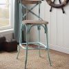 Antique Turquoise and Antique Oak Bar Stool with Cross Back